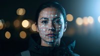 Young Asian woman with facial recognition grid overlay technology scan in futuristic cyberpunk setting with bokeh lights for AI security concepts.
