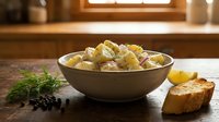 Creamy potato salad with fresh dill and crispy bread in rustic kitchen setting, suitable for food blogs, recipes, and culinary content.