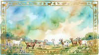 Watercolor pastoral scene with grazing goats in meadow under cloudy sky, framed by decorative golden border with farm animal motifs for rustic home decor.