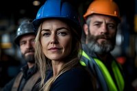 Professional female construction worker in blue hard hat with diverse team of male colleagues in industrial workplace setting.