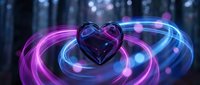 Glowing neon heart with swirling light trails in purple and blue colors creating magical energy rings against dark bokeh background for romantic designs.