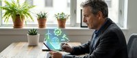 Mature businessman using tablet with green sustainability icons in modern office with plants on windowsill for eco-friendly business solutions.