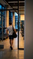 Young athletic man walking into modern fitness center gym with sports bag wearing casual workout clothes in contemporary health club interior.
