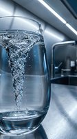 Clear glass filled with fresh water creating spiral vortex motion in modern kitchen setting with stainless steel appliances and contemporary lighting fixtures.