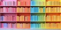Colorful rainbow gradient bookshelf with organized books arranged by color from pink to yellow creating modern aesthetic library display. For interior design and education.