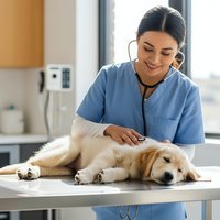 Female veterinarian examining golden retriever puppy with stethoscope in modern clinic. Professional pet healthcare and medical checkup concept.