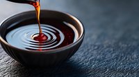 Pouring dark soy sauce into black ceramic bowl creating concentric ripple circles on liquid surface against dark textured background. Food photography concept.