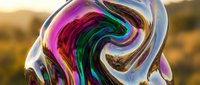 Liquid soap bubble with swirling neon pink, green, and gold colors reflecting sunlight outdoors. Use for backgrounds, design elements, and creative projects.
