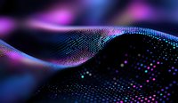 Abstract digital wave of glowing particles in motion with pink and blue neon colors against dark background, modern technology visualization concept.
