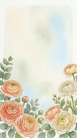 Watercolor ranunculus flowers frame with soft pastel colors and green leaves on textured paper background for wedding invitations and greeting cards.