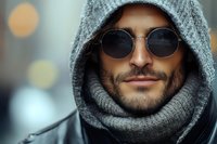 Young bearded man in gray knit hoodie and round sunglasses with warm bokeh lights background for urban lifestyle and fashion concepts.
