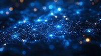 Glowing blue network connections with light particles floating in dark space creating futuristic technology visualization background for digital concepts.