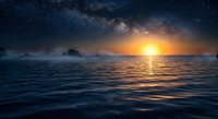 Stunning ocean sunset with Milky Way galaxy stretching across starry night sky, golden sun reflection on calm water surface creating magical seascape horizon view.