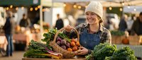 Young woman farmer in knit hat and denim apron holding wooden basket full of fresh organic vegetables at outdoor farmers market with warm bokeh lights.