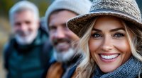 Young Caucasian woman with bright smile wearing winter hat and scarf outdoors, with senior men in background. Natural lifestyle portrait capturing joy and generations.