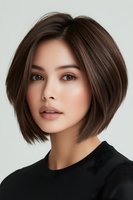 Young Asian woman with short brown bob hairstyle wearing black top against light background. Natural makeup and confident expression showcase modern beauty and style.