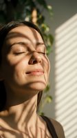 Middle-aged woman with dark hair and glasses, eyes closed in peaceful expression, enjoying natural sunlight near green foliage and white blinds, conveying relaxation and mindfulness.