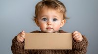 Adorable toddler in brown knit sweater holding blank cardboard sign against gray background, looking directly at camera with bright blue eyes and rosy cheeks.