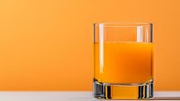 Fresh orange juice in clear glass on minimalist orange background, refreshing natural drink composition for healthy lifestyle and beverage advertising.