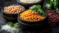 Raw legumes and grains in rustic ceramic bowls with fresh herbs on dark background, colorful variety of pulses including chickpeas and lentils.