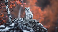 Gray cat sitting on snowy rock against orange autumn foliage background with birch tree branch, dramatic nature photography with moody atmosphere and selective coloring effect.