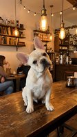 French bulldog sitting on wooden table in cozy coffee shop with warm lighting and vintage decor creating friendly pet-welcoming cafe atmosphere.
