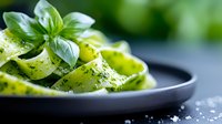 Fresh pappardelle pasta ribbons with basil pesto sauce and herbs on dark plate, macro food photography with selective focus and sea salt garnish.