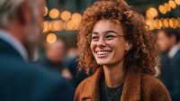 Young mixed-race businesswoman with curly hair and glasses smiling during corporate networking event with warm bokeh lights in background.