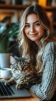 Young blonde woman smiling while working from home with adorable tabby kitten on laptop in cozy living room setting for remote work and pet ownership lifestyle.