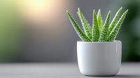 Small green succulent aloe vera plant in white ceramic pot against soft blurred background, minimalist home decor and wellness concept for interior design.