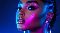 Young African American woman with bright neon pink and blue lighting, dramatic makeup, glossy lips and braided hairstyle in creative beauty portrait against dark background.