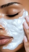 Close-up of mixed race woman with closed eyes applying white foam cleanser to face, showing manicured pink nails and glowing skin during skincare routine.