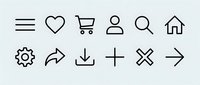 Minimalist line icon set featuring essential web and mobile interface symbols including menu, heart, shopping cart, user profile, search, home, settings, share, download, add, close and arrow icons on white background.