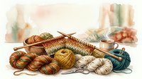 Watercolor illustration of knitting supplies including yarn balls in warm and cool tones, knitting needles, scissors, and a fish-shaped stitch marker for crafts and hobbies.