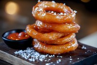 Stack of golden crispy onion rings sprinkled with sea salt on wooden board, served with red dipping sauce, close-up shot with bokeh background.