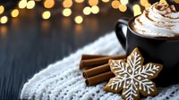 Hot chocolate with whipped cream and cinnamon sticks beside gingerbread snowflake cookie on knitted fabric with warm bokeh lights creating cozy winter atmosphere.
