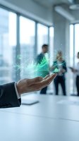 Businessman hand presenting holographic financial data charts and graphs in modern office environment for business analytics and growth visualization.