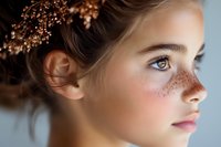 Young woman with freckles and blue eyes in profile view, wearing delicate gold floral hair accessories. Natural beauty portrait with soft lighting and dreamy atmosphere.