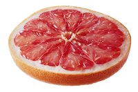 Fresh grapefruit half slice showing juicy red pulp segments isolated on white background for healthy eating and citrus fruit concepts.