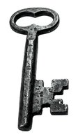 Antique iron skeleton key with ornate oval bow and weathered patina, isolated on white background for design, clipart, and vintage decor projects.