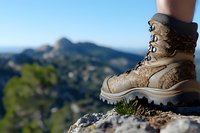 Hiking boot close-up on mountain peak rock with blurred scenic mountain landscape background, showcasing outdoor adventure gear and wilderness exploration.