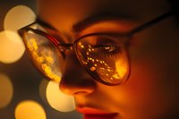 Close up portrait of young woman wearing glasses with golden bokeh light reflections creating dreamy atmosphere, red lipstick in warm amber tones.