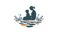Silhouette of mother and child sitting by pond with reeds, creating peaceful moment of connection amid nature's tranquility.