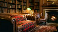 Cozy library interior with leather Chesterfield sofa, tartan blanket, wingback chair, fireplace, desk lamp, and wooden bookshelves for home decor and interior design projects.