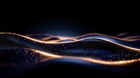 Glowing golden and blue waves with sparkling particles flow against dark background creating abstract light motion effect for technology designs.