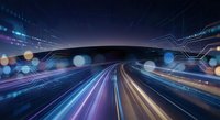 Futuristic digital highway with glowing circuit patterns and light trails representing high-speed data transfer and technological connectivity in cyberspace.
