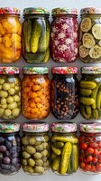 Colorful assortment of homemade preserved vegetables and fruits in glass mason jars with decorative lids arranged in rows, showing pickles, tomatoes, berries and cucumbers.