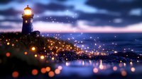 Illuminated lighthouse silhouette at dusk with glowing bokeh lights reflecting on water surface, dramatic stormy clouds and magical atmosphere create dreamy seascape.