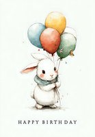 Cute white bunny holding colorful balloons with happy birthday text, watercolor style illustration for greeting cards and children's decor.