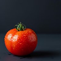 Fresh ripe red tomato with water droplets on dark background for culinary and cooking projects.